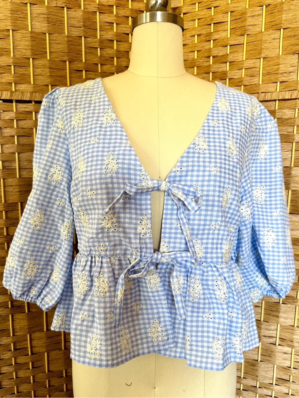 NWT All In Favor light blue gingham top L - Picture 2 of 14